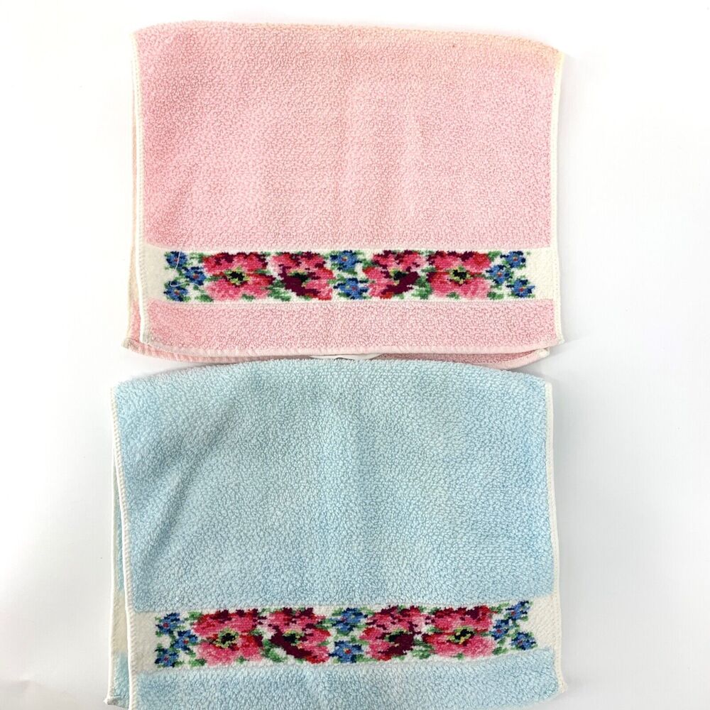 Vintage Hand Towels LOT of 2 Pink and Blue with Floral Cottagecore
